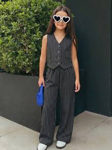 Firerie Kids Firerie Kids Nova Glow 少女休闲街头时尚通勤上学风条纹阔腿直筒裤，深灰色 - 黑與白 - 查看 1