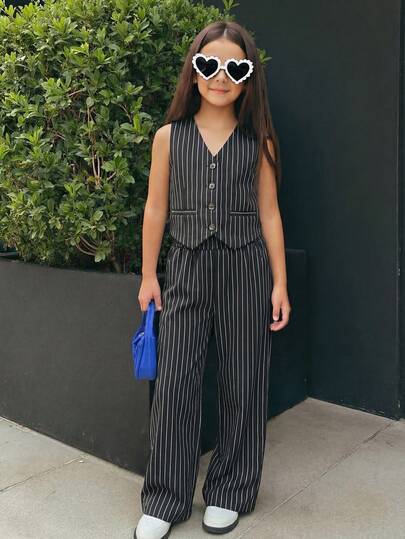 Firerie Kids Firerie Kids Nova Glow 少女休闲街头时尚通勤上学风条纹阔腿直筒裤，深灰色