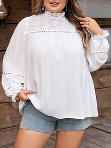 SHEIN CURVE+ Curve Size US22Music Festival, Seaside Vacation, BohemiaWomen's Solid Color Simple Fashion Casual Everyday Shirt,Lace Spliced ​​Turtleneck Long-Sleeved Shirt, White Solid Color Textured Fabric,Spring/Summer, Summer Tops - White - View 3