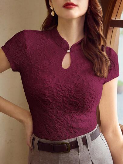 Vintamour 复古优雅女士T恤，立领蕾丝花卉提花衬衫，珍珠纽扣，休闲/通勤/度假夏季女装，夏季上衣，度假装，春季女装，复活节白色上衣，夏季服装，婚礼宾客礼服，商务休闲女装，度假装，外出上衣，生日装，春季上衣，办公室装，春假夏季上衣，女士衬衫