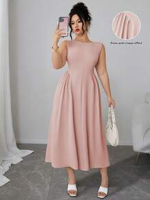 Elenzga Chic Women's Dusty Pink Sleeveless Round Neck Midi Plus Size Dress With Flared A Line Style Event Tea Party Summer Elegant - Dusty Pink - View 1