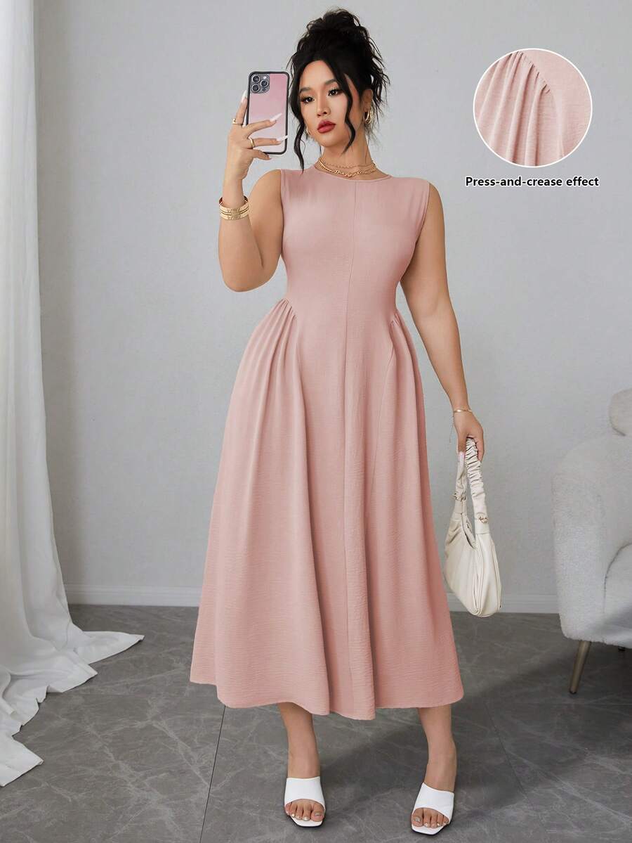 Elenzga Chic Women's Dusty Pink Sleeveless Round Neck Midi Plus Size Dress With Flared A Line Style Event Tea Party Summer Elegant - Dusty Pink - View 1