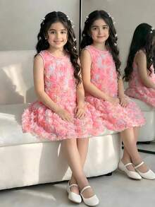 Elladie kids 少女甜美碎花网纱无袖公主裙，高端设计正式派对夏季连衣裙，时尚贵族风 - 彩色 - 查看 3