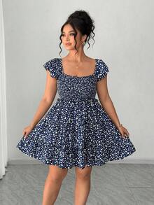 Elenzga Plus Size Women's Navy Blue Ditsy Floral Square Neck Ruffle Sleeve Cinched Waist A-Line Dress,Summer Boho Vacation Holiday Fashion Prom Wedding Dress - Multicolor - View 4