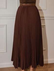 Bris Aura Urban Style Pleated A-Line Skirt, Minimalist Fashion Casual Everyday Wear Maxi - Coffee Brown - View 2