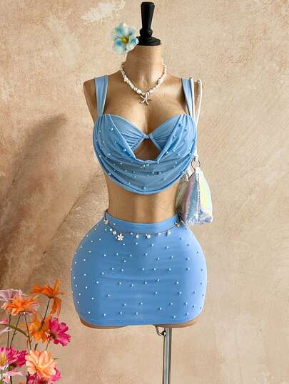 Soleia Women's Vacation Beach Beaded Decorated Cropped Top And Mini Skirt Set