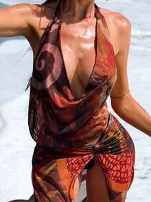 Swim SXY Women's Beach Cover Up Dress, High Slit Backless Halter Neck, Spring/Summer - Coffee Brown - View 4