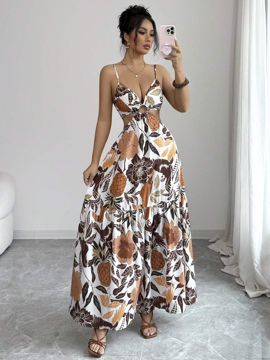 Elenzga Vestido midi con cintura ceñida y estampado, adecuado para vacaciones y uso diario - Marrón - Ver 1