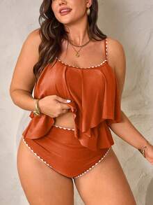 Swim Lushoire 2pcs Plus Size Women Green Spaghetti Strap Ruffle Trim Top & High Waist Ruffle Trim Pants Set, Summer Beach Holiday - Brown - View 1