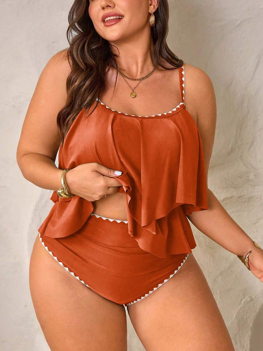 Swim Lushoire 2pcs Plus Size Women Green Spaghetti Strap Ruffle Trim Top & High Waist Ruffle Trim Pants Set, Summer Beach Holiday - Brown - View 1