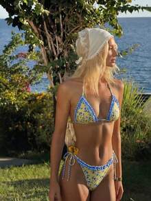 Swim Mod Bộ bikini hai mảnh hở lưng họa tiết hoa kẻ caro Pháp mới dành cho nữ, thích hợp mặc mùa xuân/hè, kiểu dáng dễ thương. - Nhiều màu - Xem 5