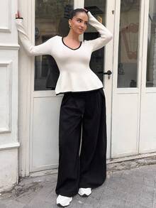 Marta Soriano 性感修身时尚女式撞色滚边长袖收腰针织上衣 - 彩色 - 查看 5