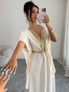 SHEIN Elenzya Women's Retro Elegant Floral Applique Round Neck Summer Dress - Apricot - View 7
