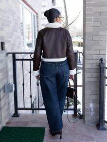 Melissa Matos 女式拉链开合仿毛领 PU 皮夹克，长袖，秋冬 - 咖啡棕 - 查看 2