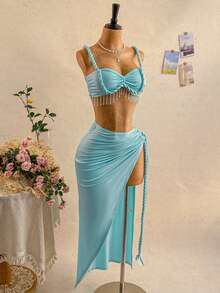 Soleia Spring/Summer New Casual Vacation Western Beach Wedding Guest Attire Graduation Brunch St. Patrick's Day Spring Break Easter Music Festival Elegant Boho Tropical Sexy Backless Handmade Rope Halter High Slit Skirt Stretchy Knit 2-Piece Set, Blue - Teal Blue - View 6