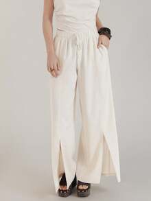 CielaLinda Women Linen Pants Casual Elegant Vacation Pants Slit Front Pants - Apricot - View 6