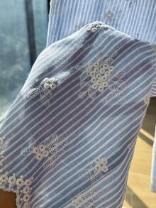 Comfortcana 大码休闲条纹花卉刺绣裤 - 藍色 - 查看 7