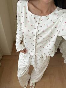 Livesso 2件套女士心形图案领休闲家居服套装，适合春、夏、秋、冬四季穿着。 - 白色 - 查看 6
