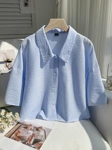 Comfortcana 大码女式条纹落肩单排扣休闲宽松衬衫 - 淺藍色 - 查看 1