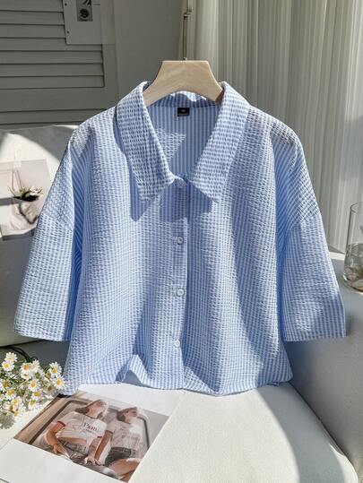 Comfortcana Plus Size Women Striped Drop Shoulder Single-Breasted Casual Loose Shirt