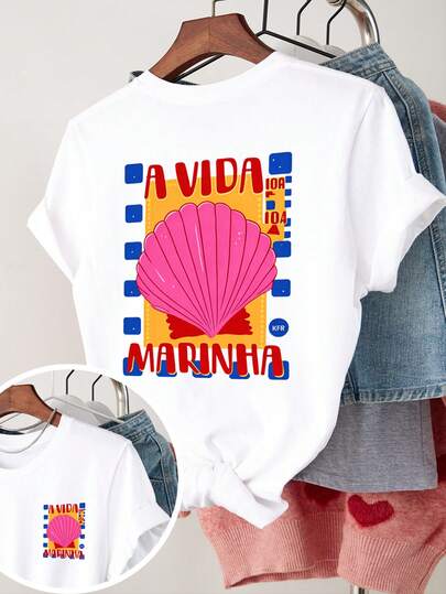 DrmWander Shell Pattern Letter Slogan Round Neck Short Sleeve Plus Size T-Shirt