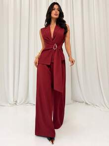 Firerie 女士优雅简约通勤日常穿搭亚麻质感金属腰带上衣和裤子两件套，适合约会、通勤等场合。 - 酒紅色 - 查看 4