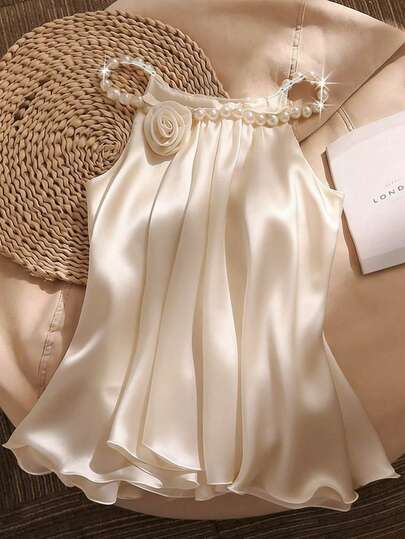 Franclia Blusa de mujer elegante de tela de satén con decoración de perlas