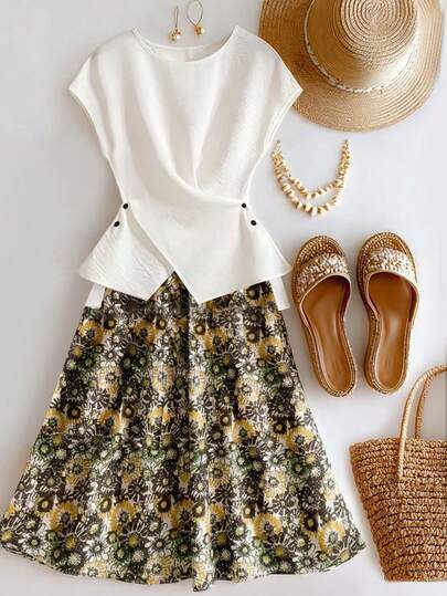 Franclia Women's Vacation Casual Solid Color Wrap Top & Floral Print Skirt 2-Piece Set