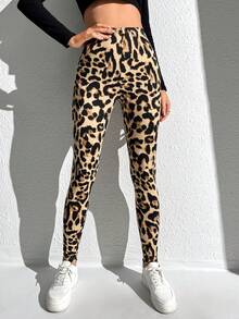 SHEIN LUNE Leopard Print High Waist Leggings,Casual - Khaki - View 6