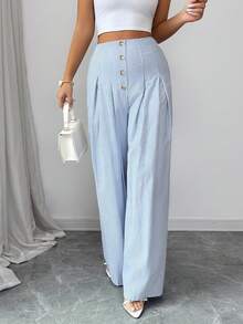 SHEIN Elenzya Women's Elegant Casual Minimalist Commuting Office Daily Vacation High Waist Wide Leg Straight Blue And White Striped Loose Cotton Striped Button Front Pleated Wide Leg Pants, Versatile Summer Trousers - Blue - View 3