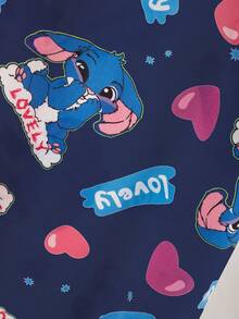 Girls'2-Piece Set Cute Purple Rabbit Print Nightgown,Navy Blue Allover Bunny Pattern Short Sleeve Long Sleep Dress,Summer Comfortable Home Wear - Purple - View 5