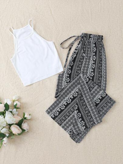 GlowEve Petite Women's Solid Color Camisole Top And Drawstring Waist Wide Leg Pants 2-Piece Casual Outfit