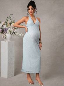 SHEIN Elegant Light Blue Textured Backless Halter Maternity Dress,Summer Pregnant Party Outfits,Solid Color Vacation Dresses For Women & Ladies - Blue - View 4