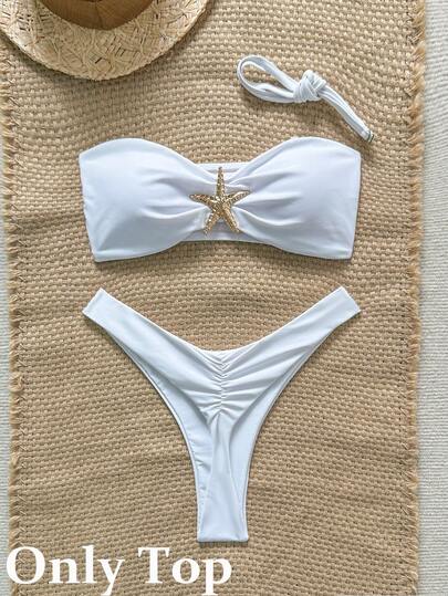 Swim Mod Women's Solid Color Halter Metal Decor Bikini Top, Spring/Summer