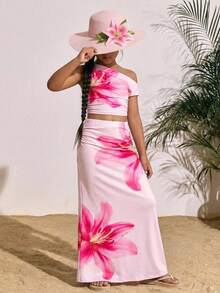 SHEIN Tween Girl Casual Vacation Off-Shoulder Lily Flower Print Fitted Ruched Knit T-Shirt And Fitted Long Skirt Set, Pink Floral Two Piece Set Long Skirt 2 Piece Set Flower Two Piece Girls - Pink - View 9