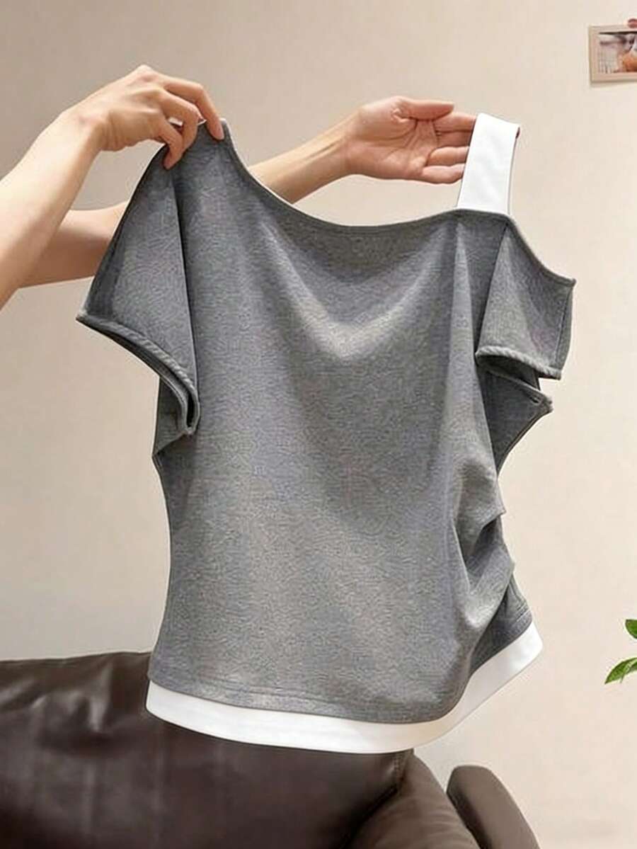 Áo thun ngắn tay nữ 2 trong 1 vai lệch, kiểu dáng 2 trong 1, thích hợp cho mùa hè. - Xám - Xem 1