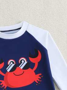 SHEIN 2pcs Baby Boy Swimwear Set,Cute Cartoon Crab Print Navy Blue Raglan Long Sleeve Rashguard And Striped Swim Trunks,Toddler Summer Holiday Pool Party - Multicolor - View 3