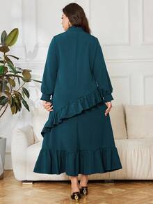 Lacomfia Đầm cỡ lớn cổ cao thanh lịch đính họa tiết - Màu xanh lá cây đậm - Xem 2