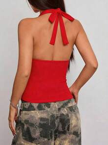 INAWLY Top elegante rojo de verano con lazo delantero para mujer, top sexy y chic de noche con escote en V, espalda descubierta y elástico para fiesta, vacaciones, vida nocturna y streetwear casual - Rojo - Ver 3