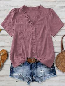 Linhara Plus Size Women's Solid Color Textured V-Neck Short Sleeve Casual Regular Blouse, Suitable For Going Out, Vacation, Club - Dusty Pink - View 1