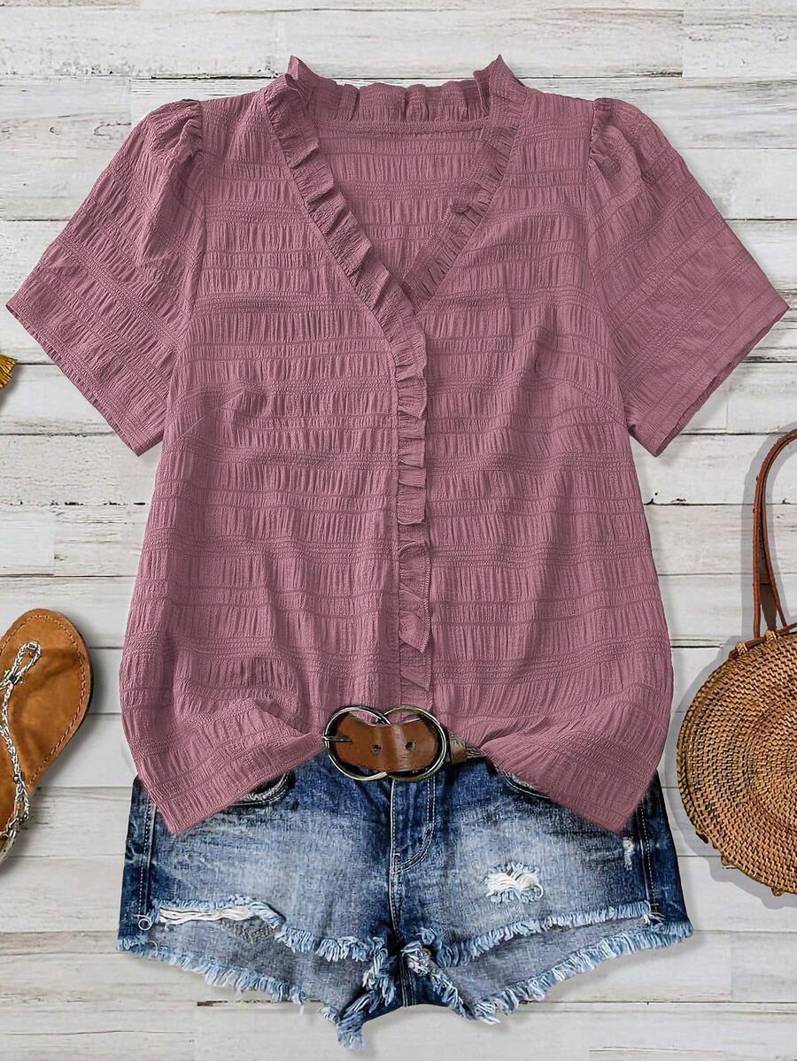 Linhara Plus Size Women's Solid Color Textured V-Neck Short Sleeve Casual Regular Blouse, Suitable For Going Out, Vacation, Club - Dusty Pink - View 1