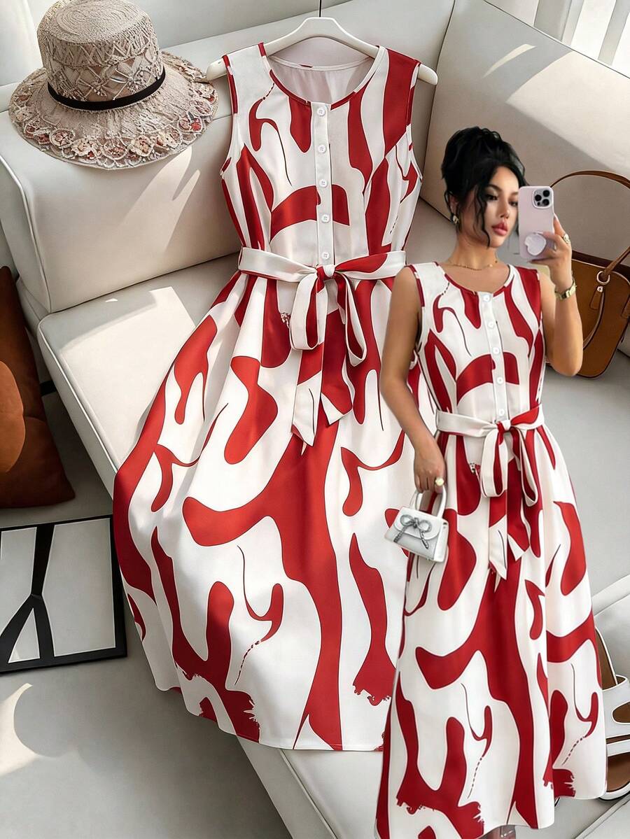 GlowEve CURVE Plus Size Sleeveless Mid-Length Dress With Minimalist Design Belt And Waist Cinching Printed Pattern - Red - View 1