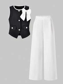 SHEIN Bộ áo tank top và quần dài trang nhã dành cho bé gái tuổi teen, họa tiết hoa 3D. - Đen và trắng - Xem 5