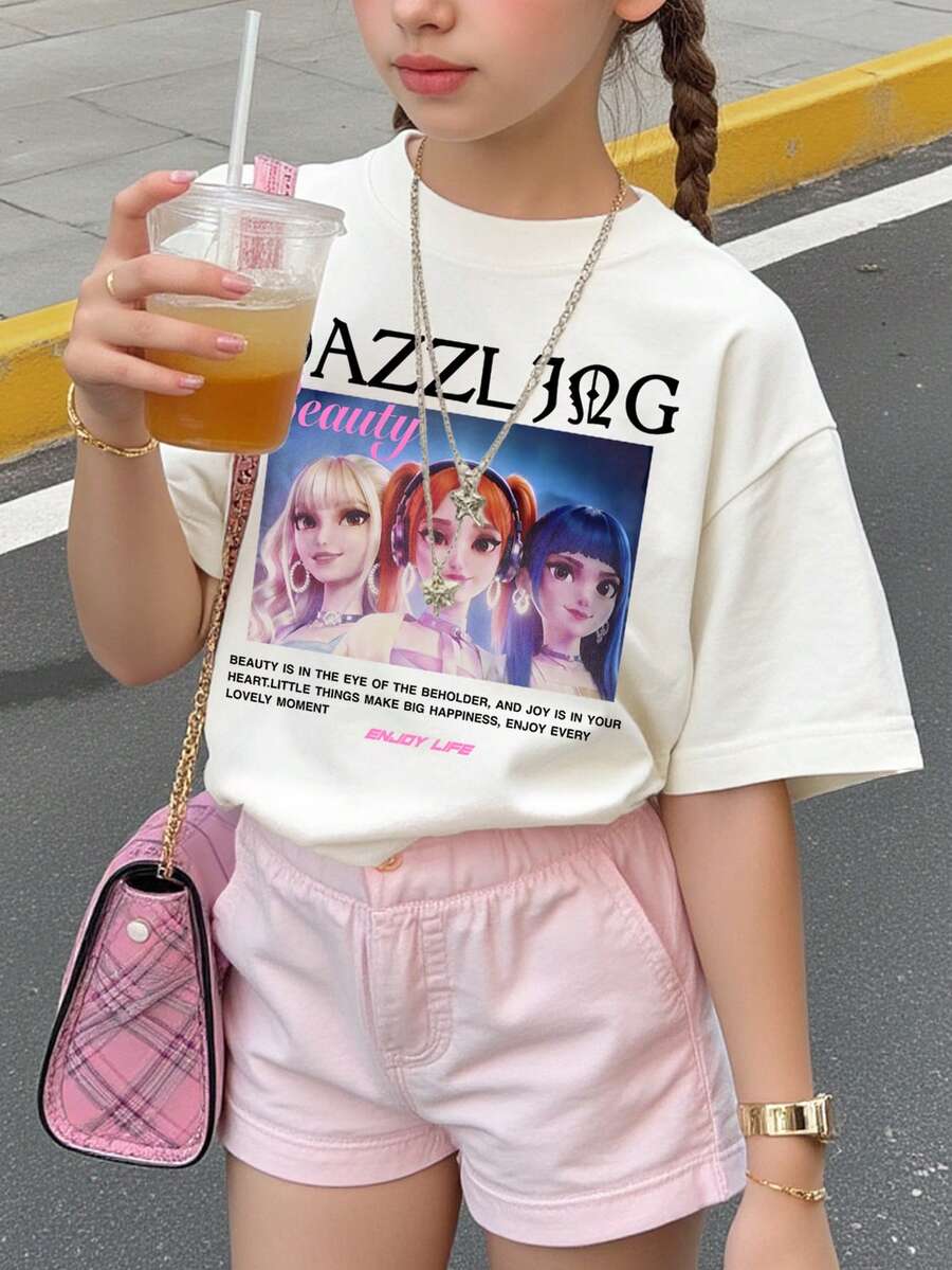 白色，时尚韩流卡通女孩肖像图案，少女休闲简约基础款修身短袖圆领T恤，适合春夏日常穿着、街头风、外出、居家、度假女王T恤，青少年动漫T恤，酷女孩服装T恤 - 彩色 - 查看 1