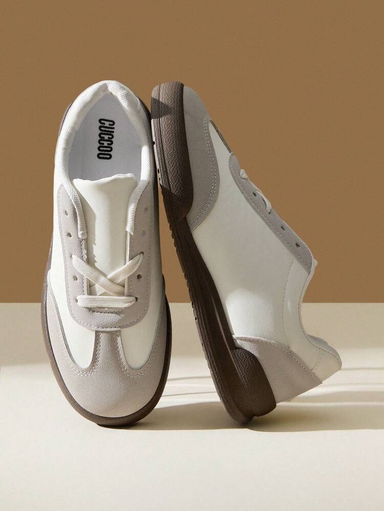 CUCCOO EASI Women Shoes Splicing Round Toe Flat Bottom Casual Sneakers Casual Comfort PU Leather Gray White Casual Sneakers Daily Outdoor Leisure Sports
