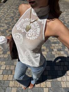 Siren Gaze Women's Elegant Casual Beige Off White Floral Lace Crochet Sheer Knit High Neck Halter Backless Sleeveless Fitted Slim Tank Top, Summer Beach Vacation Holiday Daily Wear Party Night Out Outfit - White - View 5