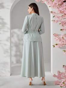 Veilorie Bộ đồ 2 mảnh thanh lịch dành cho nữ: Áo dài tay và chân váy midi bằng vải lưới họa tiết hoa. - Màu xanh Bạc hà - Xem 3