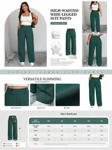 SHEIN PETITE CURVE Celana Panjang Wanita Ukuran Besar Warna Polos dengan Kancing Pinggang, Saku, dan Potongan Lebar - Dark Green - View 2
