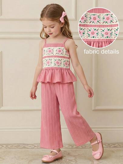 女童休闲度假3D花卉钩编蕾丝花边荷叶边吊带背心搭配松紧腰纹理阔腿裤套装，夏季度假优雅可爱通勤装