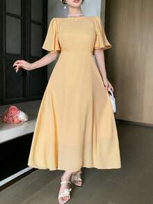 DAZY Robe mi-longue élégante à col rond et manches volantées de couleur unie, robes d'été pour femmes - Jaune citron - Voir 4
